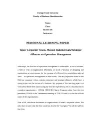 Corporate Vision, Mission Statement and Strategic Alliances on Operations Management