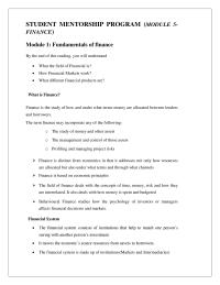 Finance STUDENT MENTORSHIP PROGRAM
