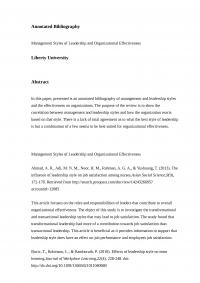 Annotated Bibliography – Management Styles of Leadership and Organizational Effectiveness