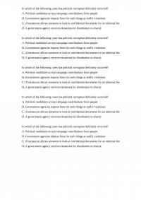 In which of the following cases has political corruption definitely occurred? A. Political candidates accept campaign contributions from people B. Government agencies impose fines for such things as traffic violations C. A bureaucrat allows someone to look at confidential documents for an informal fee D. A government agency receives donations for distribution to charity