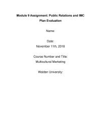 Module 9 Assignment: Public Relations and IMC Plan Evaluation