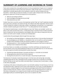 Management SUMMARY OF LEARNING AND