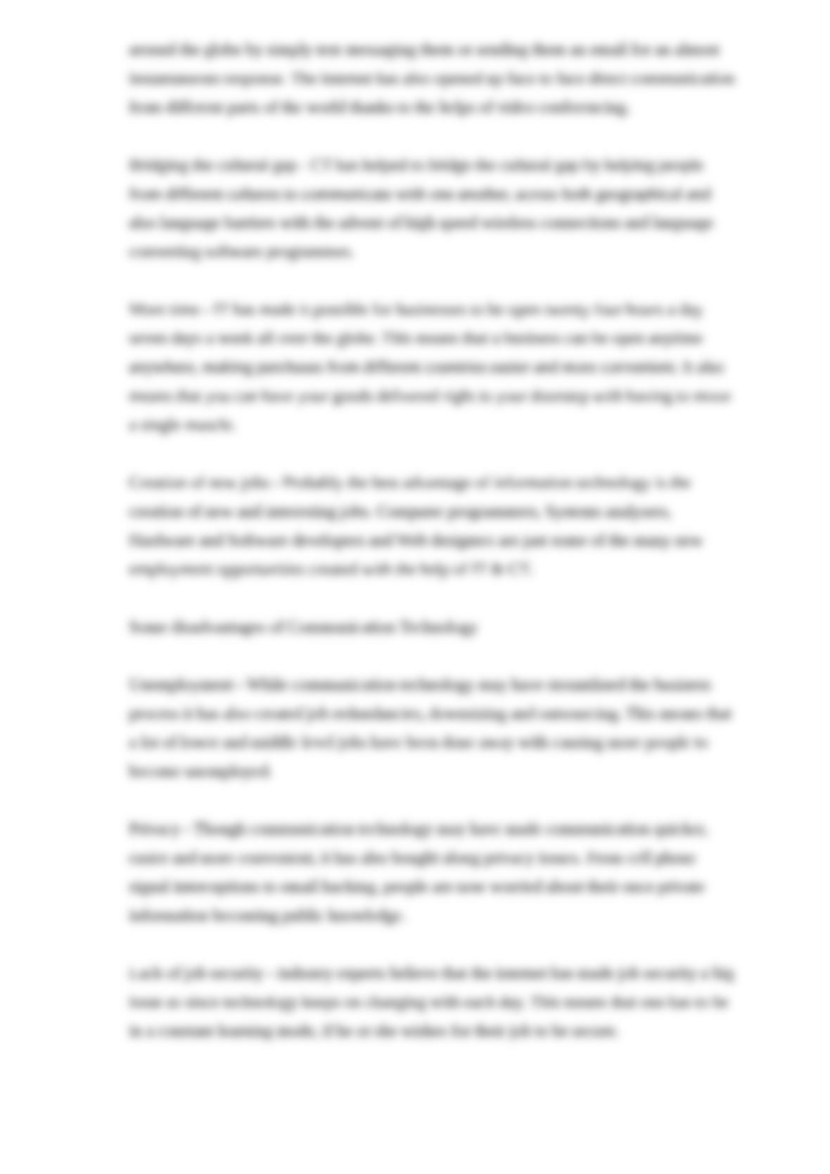 Advantages And Disadvantages Of Communication Technology Course Paper Advantages And Disadvantages Of Communication Technology Course Paper