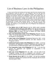 List Of Business Laws In The Philippines