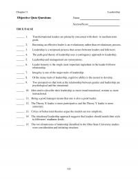 Human Resources Chapter 11 Leadership Objective Quiz Questions Name Sectionscore Truefalse Transformational Leaders Are Primarily