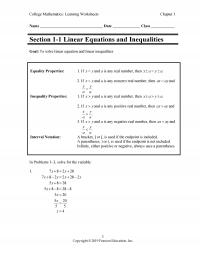 Management Chapter 1 College Mathematics Learning Worksheets Name Date Class Section Linear Equations And