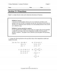 Management Chapter 2 College Mathematics Learning Worksheets Name Date Class Section Functions Goal Evaluate