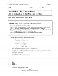 Management Chapter 6 College Mathematics Learning Worksheets Name Date Class Section The Table Method