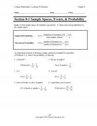 Management Chapter 8 College Mathematics Learning Worksheets Name Date Class Section Sample Spaces Events