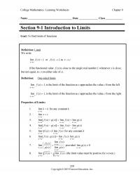 Management Chapter 9 College Mathematics Learning Worksheets Name Date Class Section Introduction Limits Goal