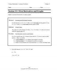 Management Chapter 11 College Mathematics Learning Worksheets Name Date Class Section First Derivatives And