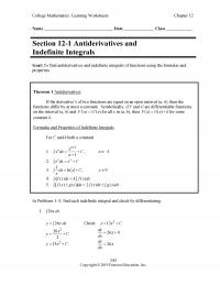 Management Chapter 12 College Mathematics Learning Worksheets Name Date Class Section Antiderivatives And Indefinite