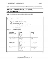 Management Chapter 12 College Mathematics Learning Worksheets Name Date Class Section Differential Equations Growth