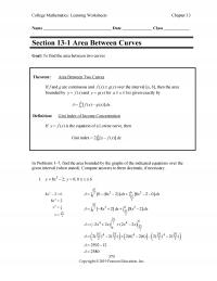 Management Chapter 13 College Mathematics Learning Worksheets Name Date Class Section Area Between Curves