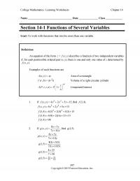 Management Chapter 14 College Mathematics Learning Worksheets Name Date Class Section Functions Several Variables