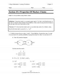Management Chapter 15 College Mathematics Learning Worksheets Name Date Class Section Properties Markov Chains