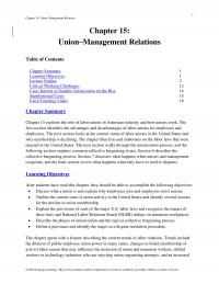 Management Chapter 15 Unionmanagement Relations Unionmanagement Relations Table Contents Summary Learning Objectives