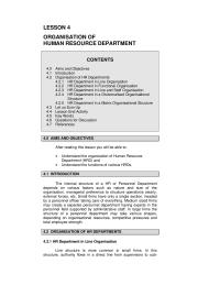 ORGANISATION OF  HUMAN RESOURCE DEPARTMENT