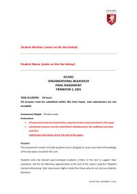 ORGANISATIONAL BEHAVIOUR FINAL ASSESSMENT TRIMESTER 2, 2021
