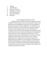 Causes and Effects of Renaissance Period