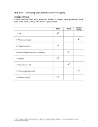 Accounting Journal Drill Homework Classify each item listed below as an asset, liability, or owner’s equity by placing a check mark in the Asset, Liability, or Owner’s Equity column