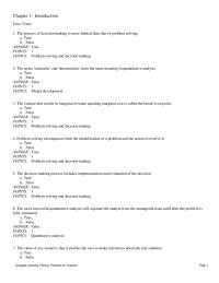 Management Chapter 1 1 False Answer True Points Topics Quantitative Analysis 16 Quantitative Analysis The Optimal