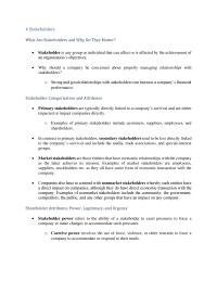 Business Ethics Chapter 4 1&nbsp;Primary stakeholders are typically directly linked to a company’s survival and are either impacted or impact companies directly