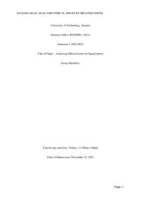 Running Head: Analysis Ethical Issues In Organizations