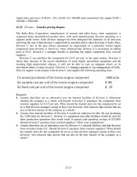 Accounting Chapter 22 Homework The Following Schedule Summarizes The Transfer Prices