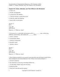 Human Resources Chapter 3 Organizational Behaviour Fifth Canadian Edition Values